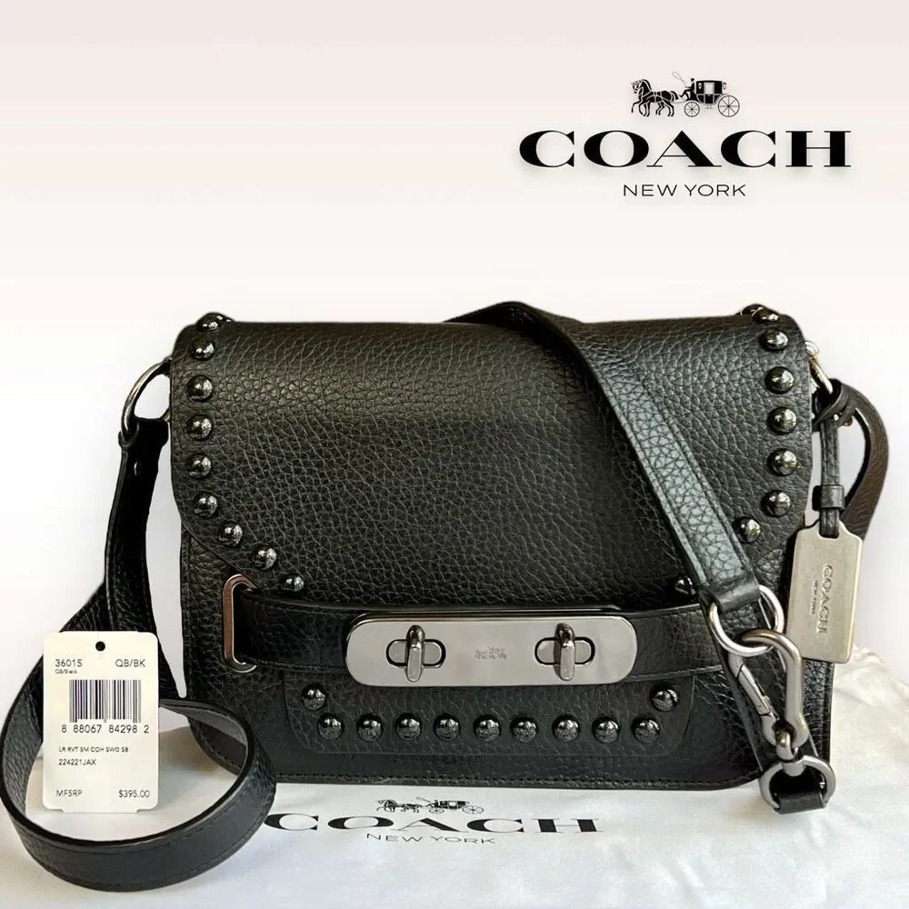 🖤🩶Coach Swagger Saddle / Shoulder Bag Black w/ Rivets & Gunmetal Hardware $400 - Picture 1 of 17